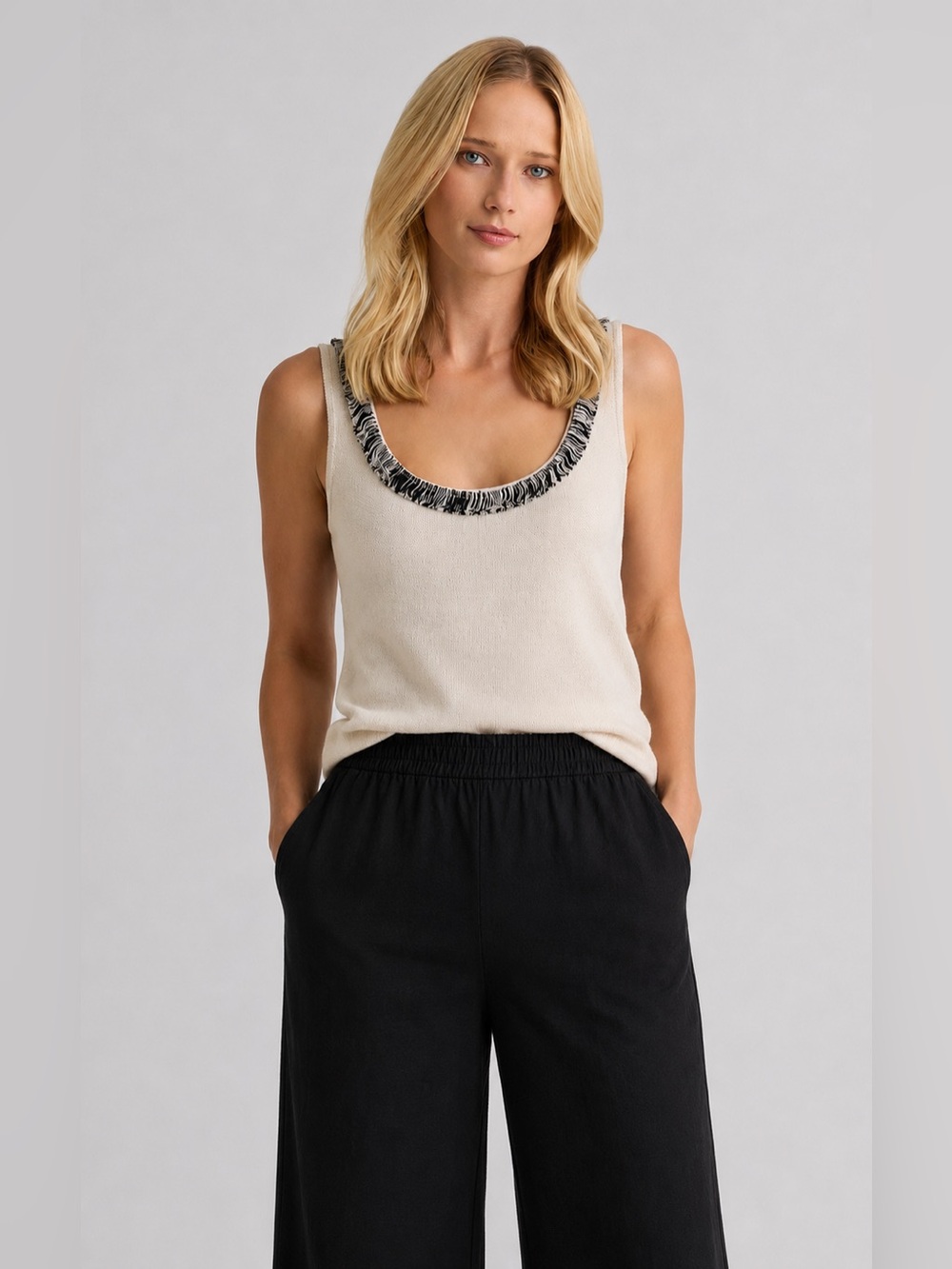 St. John Santana Knit Crepe Fringe Tank Top Cream Black Sleeveless Shirt *393